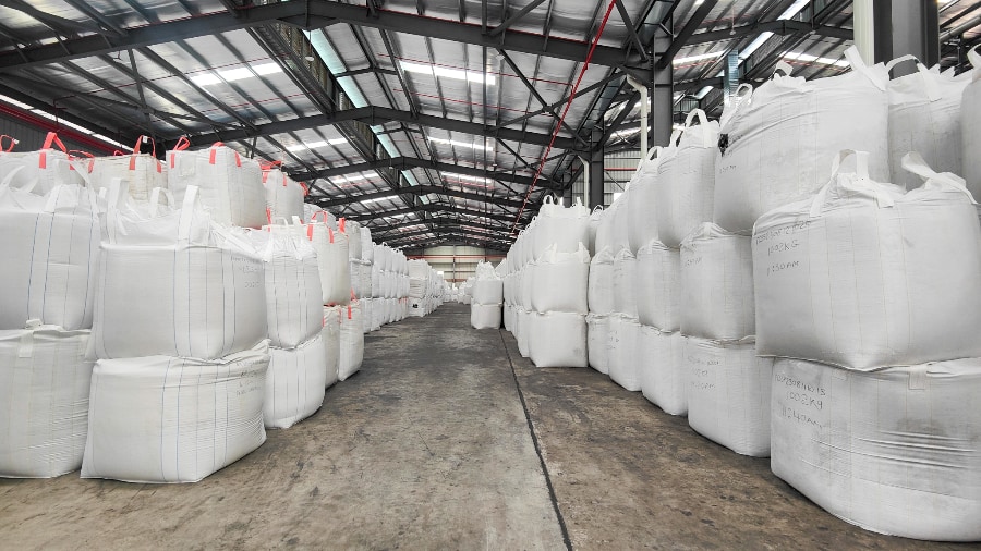 Bulk bags of finished rPET pellets in the warehouse